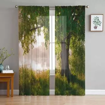 Arbor Tree Lake Landscape Sheer Curtains Living Room Window Tulle Curtains For Bedroom Kitchen Home Decoration Voile Drapes W135 x H115cm x1&Rod Pocket