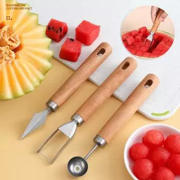 Арбузный резак из нержавеющей стали, деревянная ручка, шарик для дынь, набор инструментов для резьбы по фруктам, кухонный гаджет
