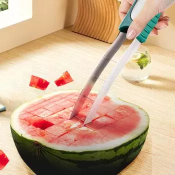 Арбузный слайсер Резак Нержавеющая сталь Зеленая пластиковая ручка с нескользящей пленкой Не повредит руки Инструмент для резки фруктов на кухне зелёный