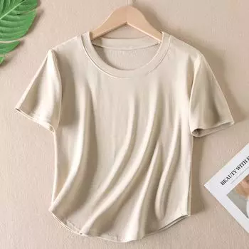 Arc Hem Pure Color Silm Short Sleeve round Neck T-shirt Apricot XL