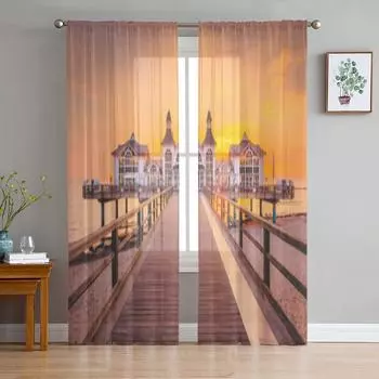 Architecture Tourist Attractions At Ruegen Island Tulle Sheer Curtains for Living Room Kitchen Decoration Voile Organza Curtains 135W x 114H(cm)