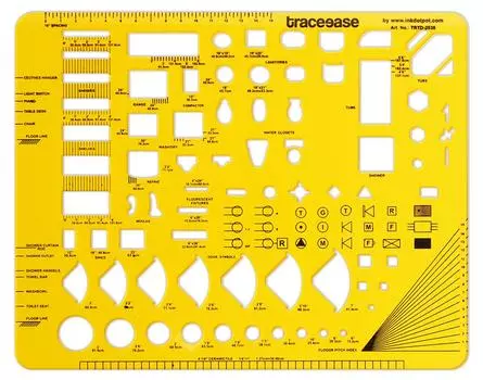 Архитектурный шаблон Traceease, Планирование домашнего интерьера для сантехники и сантехники, Рисование фигур и символов, Измерение пластиковой трафаретной шкалы 9.75 X 8 Inches жёлтый