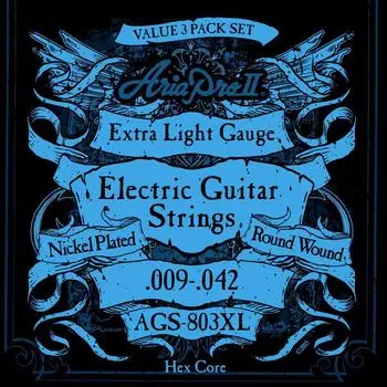 AriaProII Electric Guitar Strings 3 Set Pack Extra Light 09-42 AGS-803XL