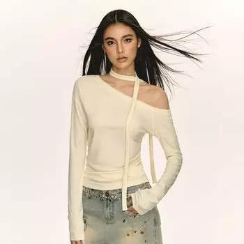 Ariseism American Retro Stylish Oblique Shoulder Long Sleeves T-shirt Female Autumn New Arrival off Shoulder Slim Fit Bottoming Top Milk yellow L