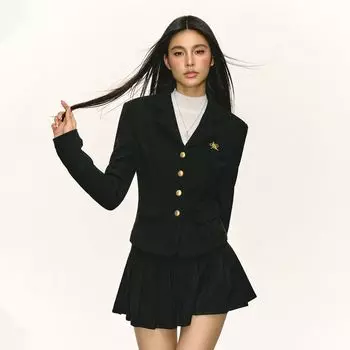 Ariseism American Retro Suit Skirt Suit Female Autumn New Two-Piece Suit Black Outwear XS