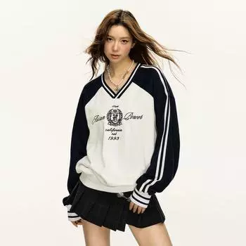 Ariseism Retro V-neck Long Sleeves T-Shirt Loose Jersey Navy Blue White M