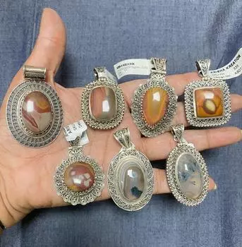 Arisha silver 925 sterling silver handmade antique pendants, Solid silver pendants lot 7 pcs with natural gemstones 35-50mm