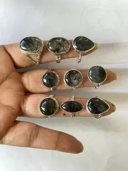 Arisha silver 925 sterling silver handmade rings, Black Rutile Quartz gemstone rings, mix sizes 9 pcs rings US 5.5 to US 9