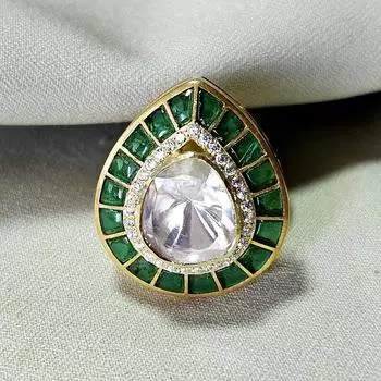 Arisha Silver Позолоченное кольцо из стерлингового серебра 925 пробы, ювелирное украшение ручной работы в стиле кундан с муассанитом для женщин FS золотой