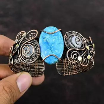 Аризона, бирюзовый браслет, браслет-манжета с драгоценными камнями, медная проволока, обернутая Радужным браслетом из лунного камня, ювелирные изделия ручной работы, регулируемые манжеты, подарок для женщин