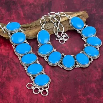 Аризонская бирюза, драгоценный камень, браслет и ожерелье из стерлингового серебра 925 пробы, замечательный комплект ювелирных изделий ручной работы из драгоценных камней, бирюзовые украшения для любви Adjustable With 8 -18 синий