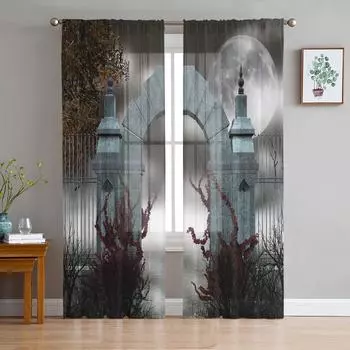 Арка Камень Луна Ночь Туман Дом Дверь Шифон Прозрачные Шторы для Гостиной Спальни Домашний Декор Окно Вуаль Тюль Шторы Шторы W135 x H114cm