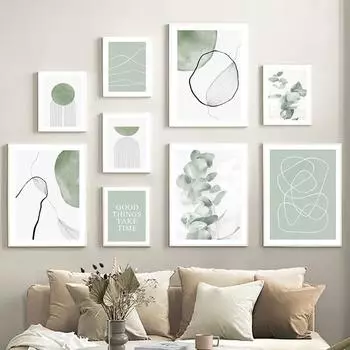 Арка, круглая линия, эвкалипт, зеленая геометрия, абстрактные постеры на скандинавскую тему и принты, художественная картина на холсте, настенные панно, декор для гостиной A4 21x30cm No Frame