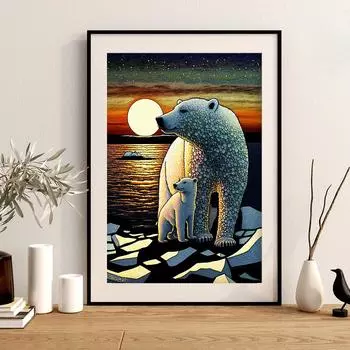 Арктический пейзаж Белый медведь Мама и ребенок Украшение дома Пуантилизм Гостиная Настенное искусство с изображением животных Вино 21cm30cm NoFrame