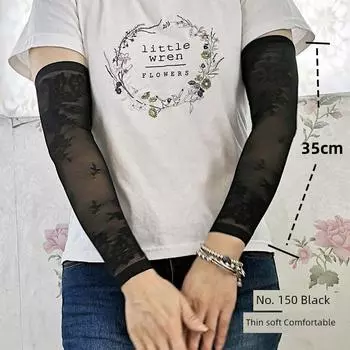 Arm Sleeves Women Autumn and Winter Long Open Finger Lace Flower Half Finger Warm Gloves Lightweight Breathable Lace Fake Sleeve 150 black thin 35cm long M