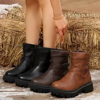 Армейские ботинки для женщин, ботильоны на толстой платформе с рифленой подошвой, нескользящие короткие ботинки, женские осенне-зимние ботинки «Челси» с круглым носком и боковой молнией 35 чёрный
