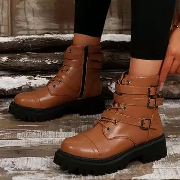 Армейские ботинки в стиле панк с пряжкой на толстой подошве, женские, большого размера, на платформе, ботильоны, женские, из искусственной кожи, мотоциклетные ботинки для женщин 35