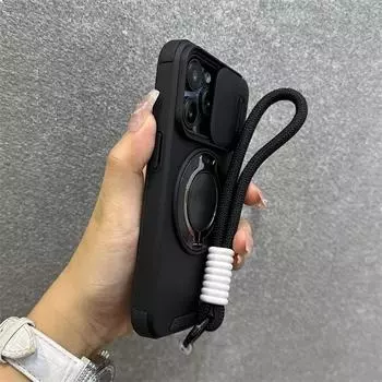 Armor Magnetic Bracket Case for iPhone 16 14 13 12 11 15 Pro Max Plus With Lanyard Slide Camera Protection Shockproof Cover For iPhone 16&Case & Strap