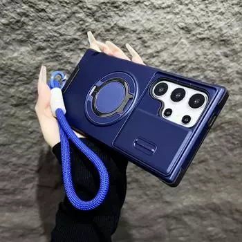 Armor Magnetic Bracket Case For Samsung Galaxy S24 S23 S22 S21 S25 Ultra Plus With Lanyard Slide Camera Protect Shockproof Cover For Galaxy S23&Case & Strap