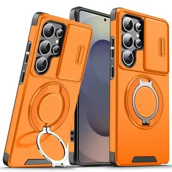 Armor Magnetic Ring Stand Phone Cases For Samsung Galaxy S25 S24 S23 S22 Ultra Plus S21 FE Case Slide Camera Protection Cover Galaxy S25+