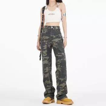 Army green camouflage tooling jeans high street design hip hop sweet and spicy retro wide-leg casual straight pants S
