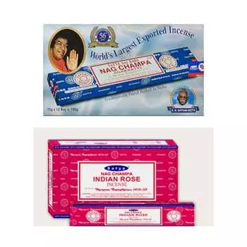 Ароматические палочки Satya Nag Champa & Indian Rose Agarbatti 1+1Combo(180 ГМ+180 ГМ ) Коробка | 12 упаковок по 15 грамм в коробке | Экспортное качество