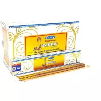 Ароматические палочки Satya Nag Champa Jasmine Agarbatti, коробка 180 грамм | 12 упаковок по 15 грамм в коробке | Экспортное качество коричневый