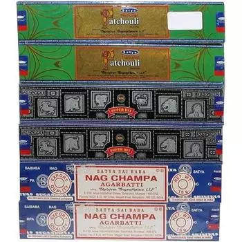 Ароматические палочки Satya Nag Champa & Natural Patchouli & Superhit, упаковка из 6 коробок по 15 г каждая