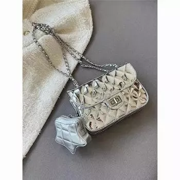 Ароматная ромбовидная сумка в иностранном стиле из серебряной лакированной кожи с цепочкой, маленькая квадратная сумка премиум-класса через плечо, женская сумка через плечо со звездой серебряный