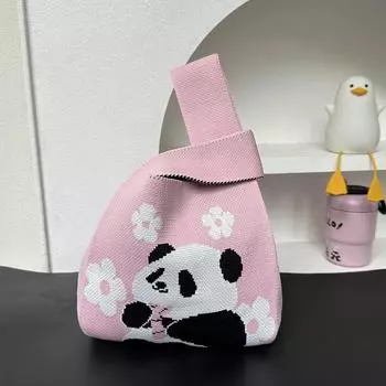 Around the Wide and Narrow Alley Gift Chengdu Panda Grandpa Knitted Bags Birthday Gift Kids Woven Handbag Pink flowers (no word version)