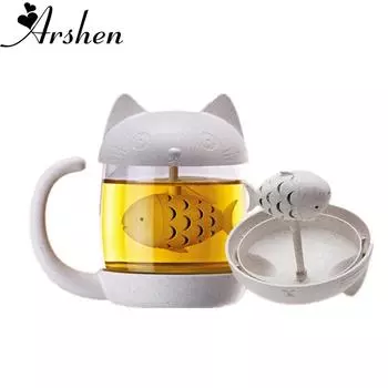 Arshen 250 мл стеклянная чашка в форме кошки, пшеничное волокно, милая чашка для кошки с фильтром в форме рыбы, чайные чашки для дома и офиса, подарки 201-300ml
