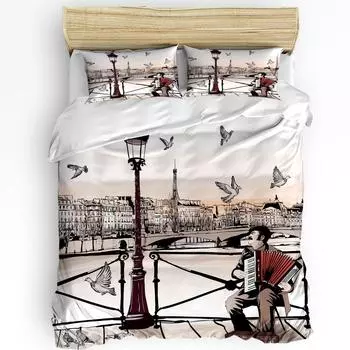 Art Bridge Paris Pigeon France 3pcs Bedding Set For Bedroom Double Bed Home Textile Duvet Cover Quilt Cover Pillowcase EU single(135x200cm)