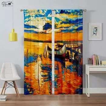 Art Oil Painting Printed Curtains American Retro Blackout Curtains Study Studio Living Room Bedroom Window Decoration Curtains W100xH130(CM) folio&Grommet Top
