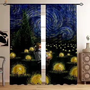 Art Oil Painting Printed Curtains Retro Style Pole Pocket Curtains Suitable For Bedroom Living Room Studio Decorative Curtains W50xH130(CM)x2PCS&Grommet Top