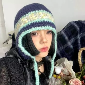 Артефакт фильма ~ нишевая контрастная цветная защитная шерстяная шапка ручной работы из толстой шерсти вязаная женская милая пилотская шапка M56-58cm тёмно-синий