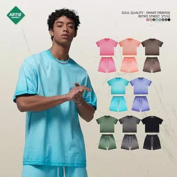 ARTIE Летний костюм унисекс в стиле ретро: Окрашенные стираные шорты и уличные шорты с коротким рукавом (2024) Short Sleeve M павлин голубой