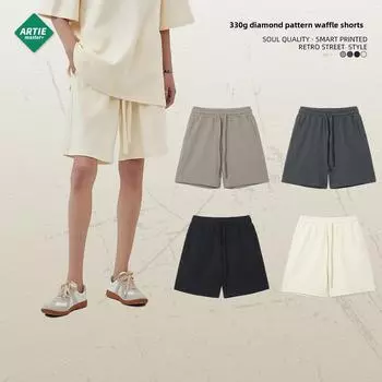 ARTIE Men s 2024 Spring/Summer Diamond Pattern Waffle Loose Drawstring Shorts - Breathable 330G High-End Design XL бежевый