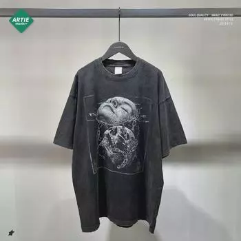 ARTIE Мужская потертая ретро-футболка с изображением черепа и состаренным лицом - модная футболка с коротким рукавом и потертыми краями XL