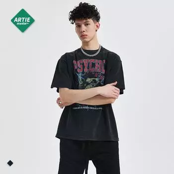 ARTIE Мужская винтажная футболка с изображением волка | Летний уличный тренд хип-хопа 2022 года M