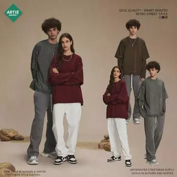 ARTIE Унисекс 2024 Осень Стильная потертая футболка с длинными рукавами из двух частей