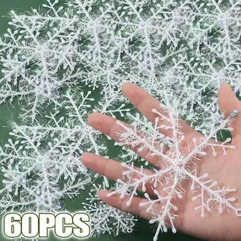 Artificial Christmas Snowflake Flakes Glitter White Plastic Fake Snowflakes Ornaments Xmas Tree Hanging Pendant Party Home Decor 6CM