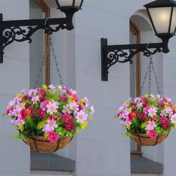 Artificial Flower Hanging Basket Fake Flowers in Basket UV Resistant Faux Flower Basket with Chains for Home Garden Patio Decor A