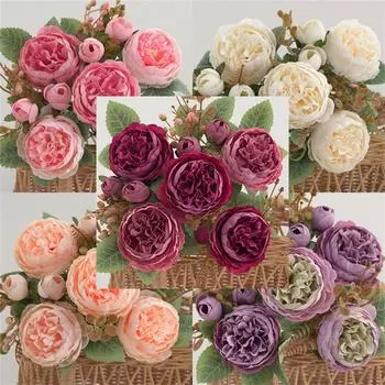 Artificial Flowers Silk Peony Bouquet Home Living Room Decoration Simulation Flower Tea Bud Pink Peonies Green Plant Party Decor One Size розовый