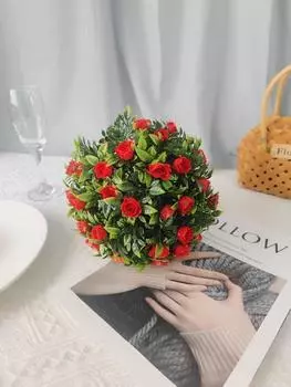 Artificial Grass Green Plant Ball Grass Artificial Outdoor Decor Pegs Turf Grass Wind Chime Wall Decor Bowl Artificial Hangings Baskets with Flowers красный