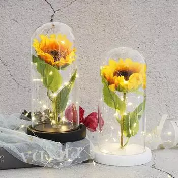 Artificial Immortal Flower The Beauty And The Beast Sunflower Glass Dome Mother s Day Christmas Gift For wedding Decor коричневый