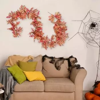 Artificial Maple Leaf Garland 5.7 Ft Reusable Autumn Leaves Garland with Faux Berries Indoor Outdoor Seasonal Garland for Front Door Mantel