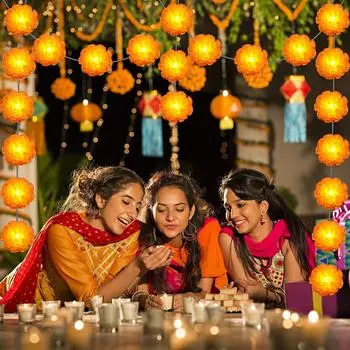 Artificial Marigold String Lights, Hanging String Lights Decorations, For Diwali, Horror Atmosphere Decorations, Total Length 10 Feet, 20 Lights One Size