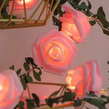 Artificial Rattan Birthday Party Fairy String Lights Green Leaf Led Lamp String Rose Flower Pink-1.5M-10Led