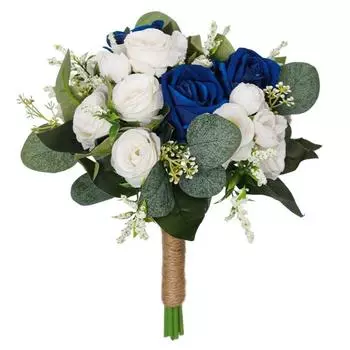 Artificial Rose Handmade Wedding Bouquet Toss for Bride Bridesmaids Fake Round Flower Bunch for Wedding Bridal Shower, White & Royal Blue белый/королевский синий