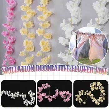 Искусственный шелк Цветущая вишня Роза Ротанг Настенный цветок Украшения Ротанг Искусственное растение Свадебное украшение для дома розовый